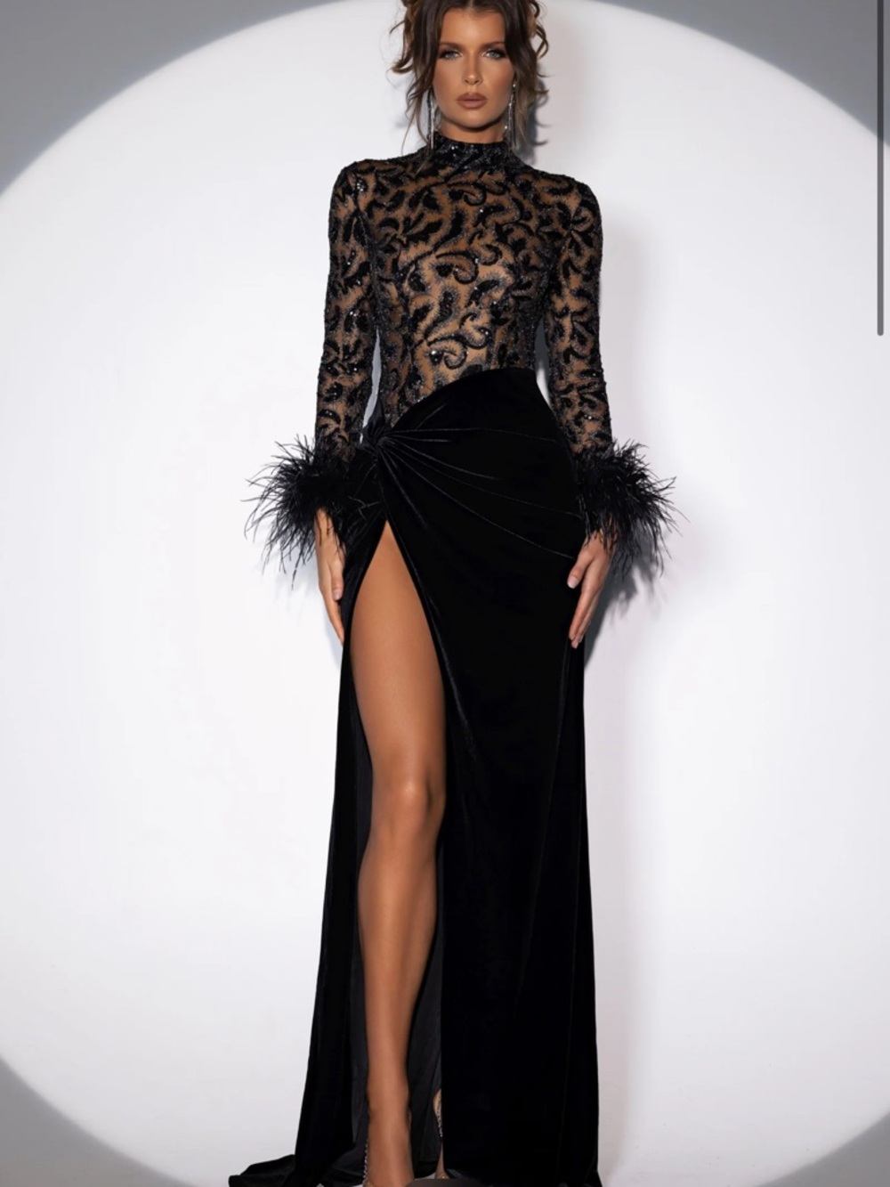 Abyss By Abby Black Sheer Beaded Velvet Gown with Feather Cuffs